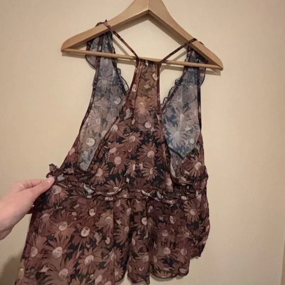 NWT Free People Floral Ruffle V-Neck Sheer Camisole - Brown & Pink - Picture 5 of 9
